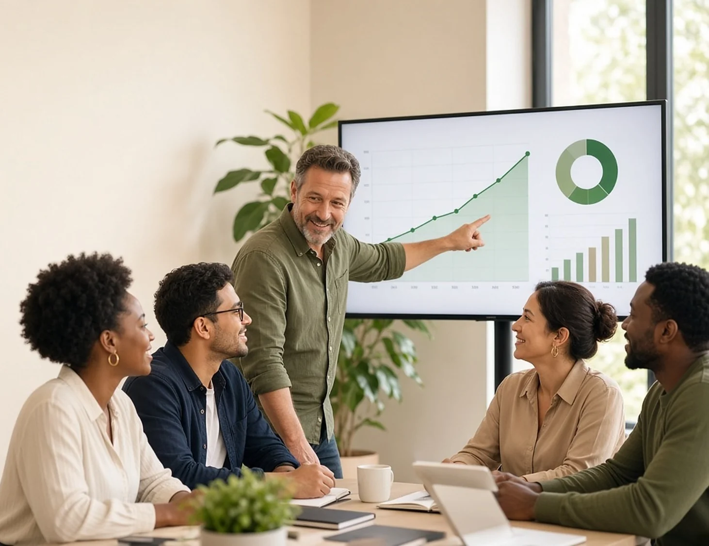 A team around a table, with a man pointing at a chart on a screen.