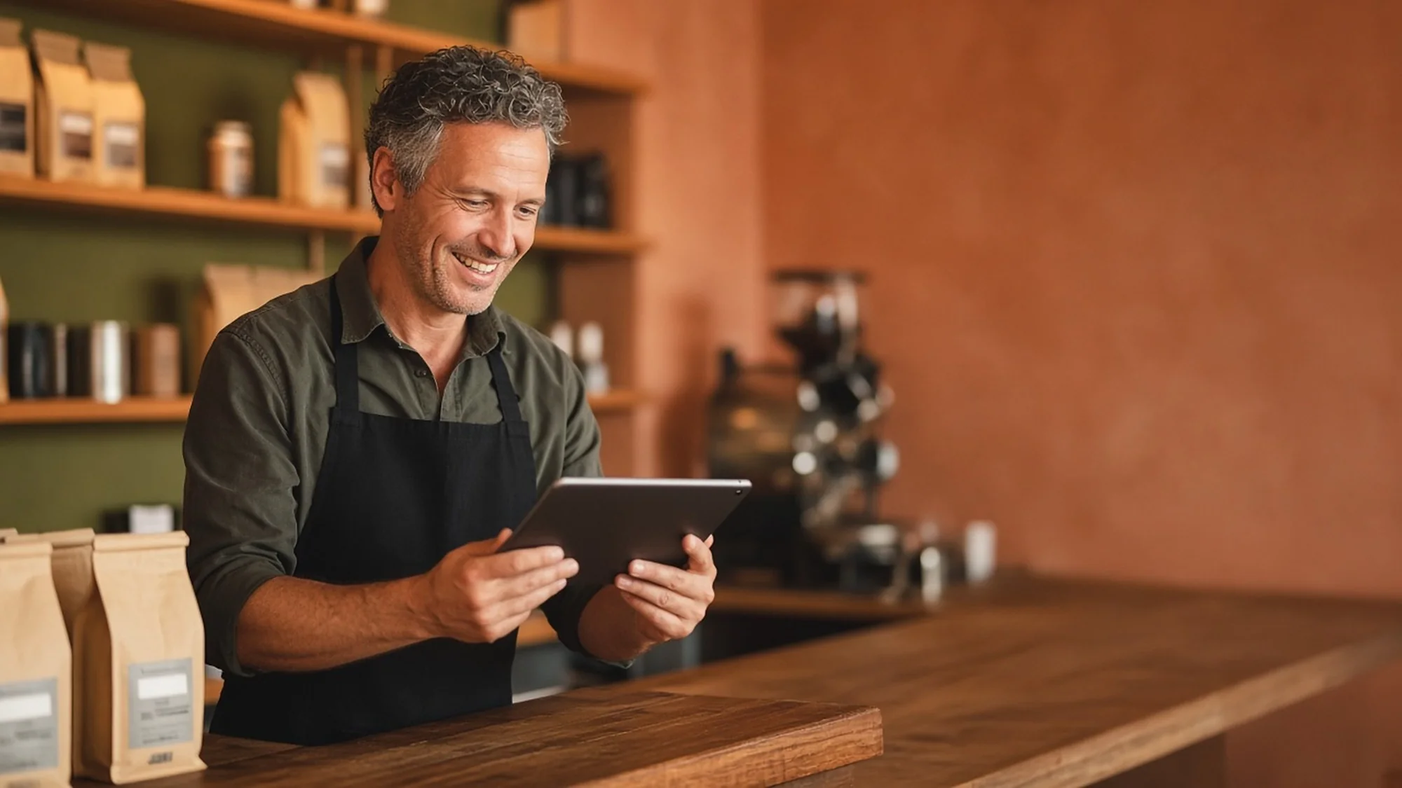 A smiling man in an apron, holding a tablet behind a wooden counter.